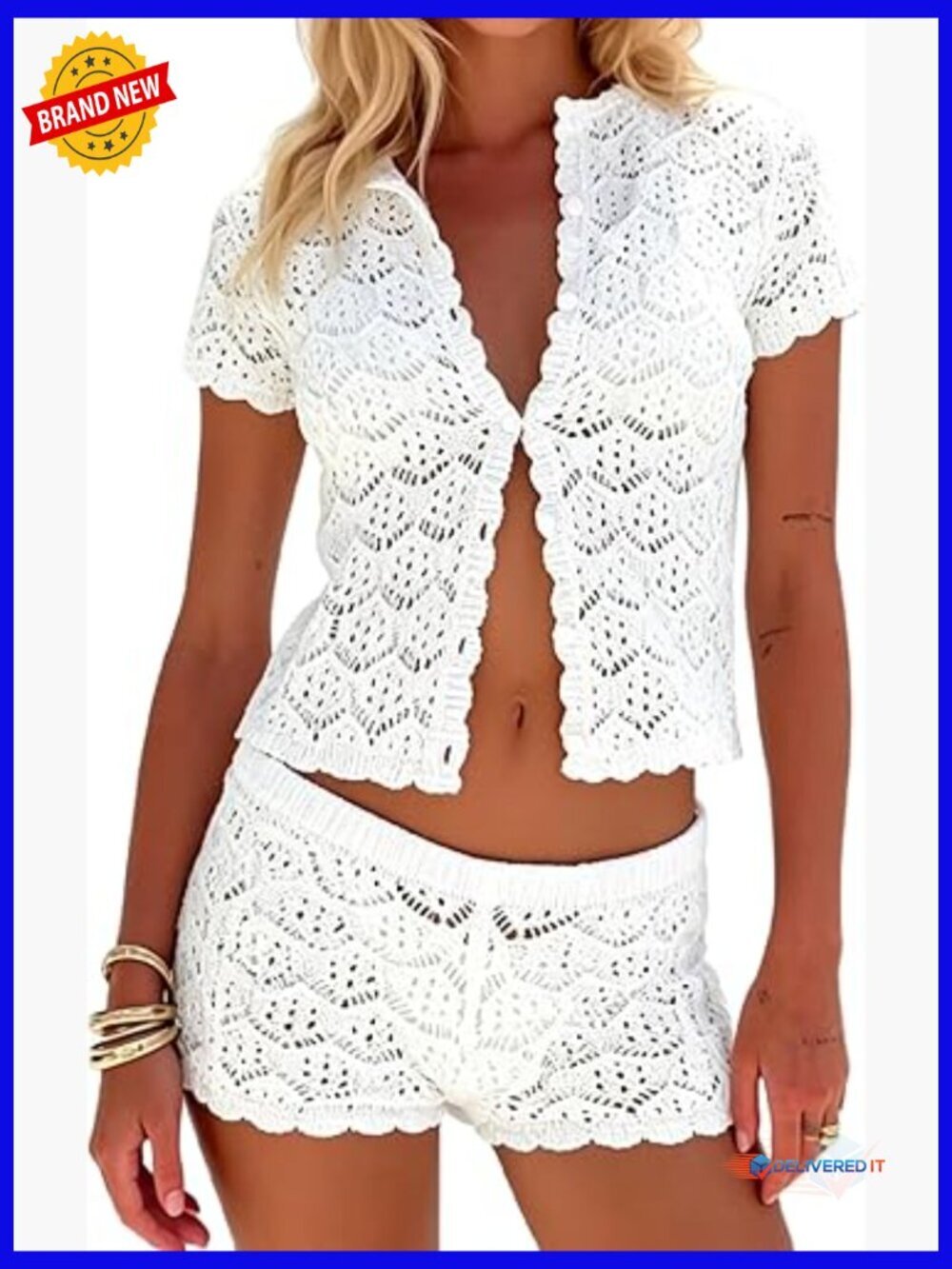 Crochet 2 Piece Set Boho Top Shorts Beach Vacation Outfit Coverup